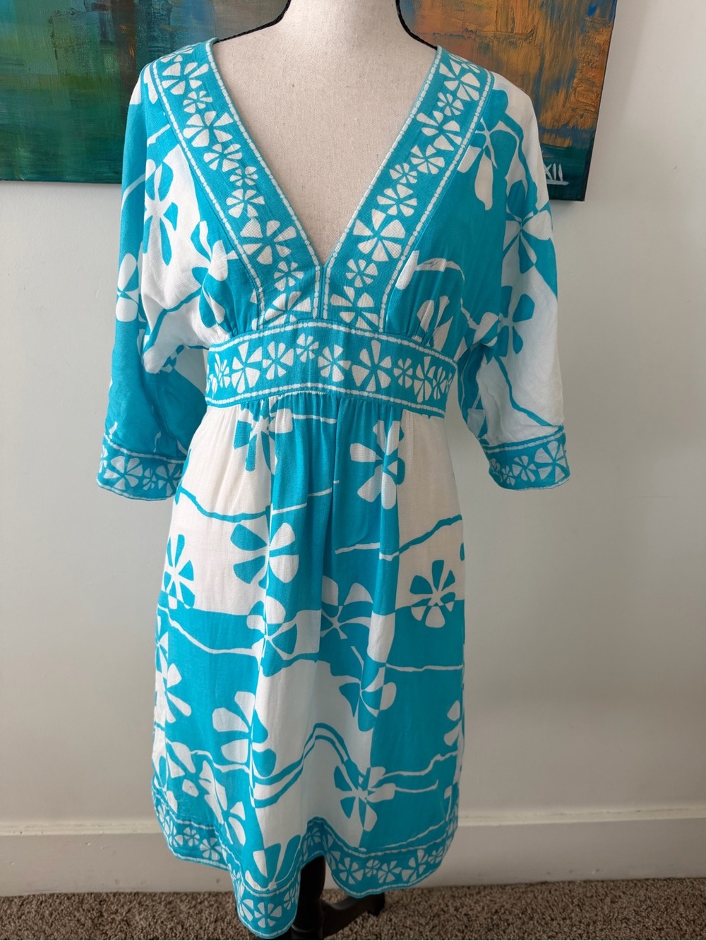 Trina Turk Excellent Condition Leon Siam Cotton Gauze V Neck Dress Blue Floral 4